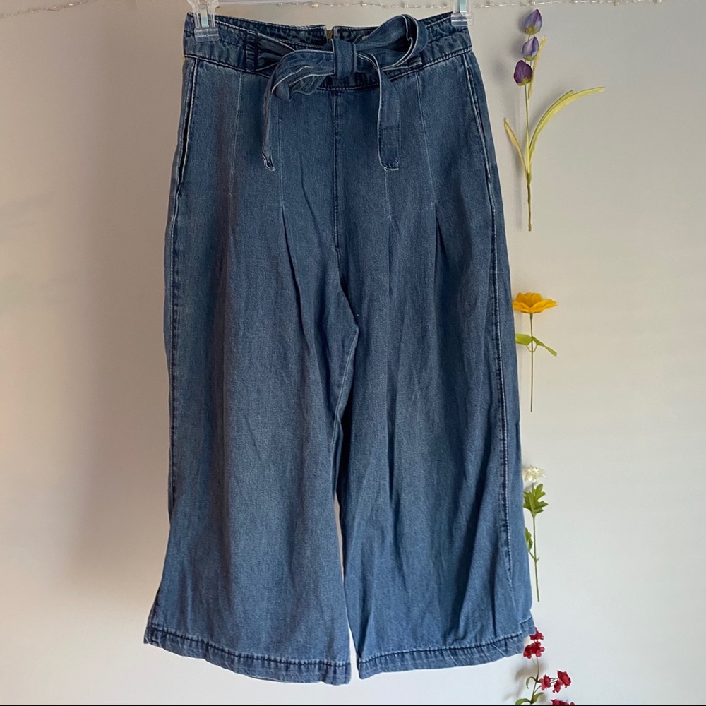 Cropped Wide Leg Denim Pants with Tie Waist
